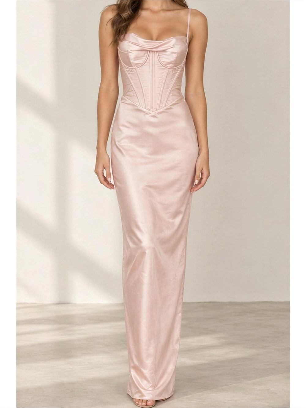 HOUSE OF CB Charmaine Corset Satin Maxi Dress, Blush Pink, XS